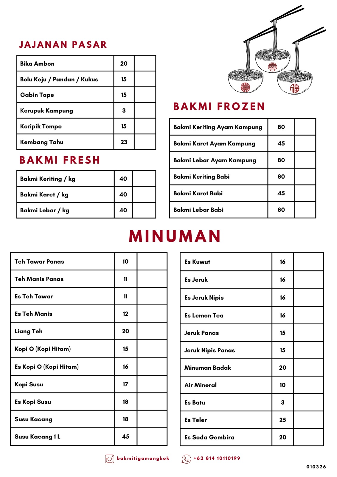 Menu Bakmi Tiga Mangkok — bakmi frozen/fresh, jajanan pasar, minuman