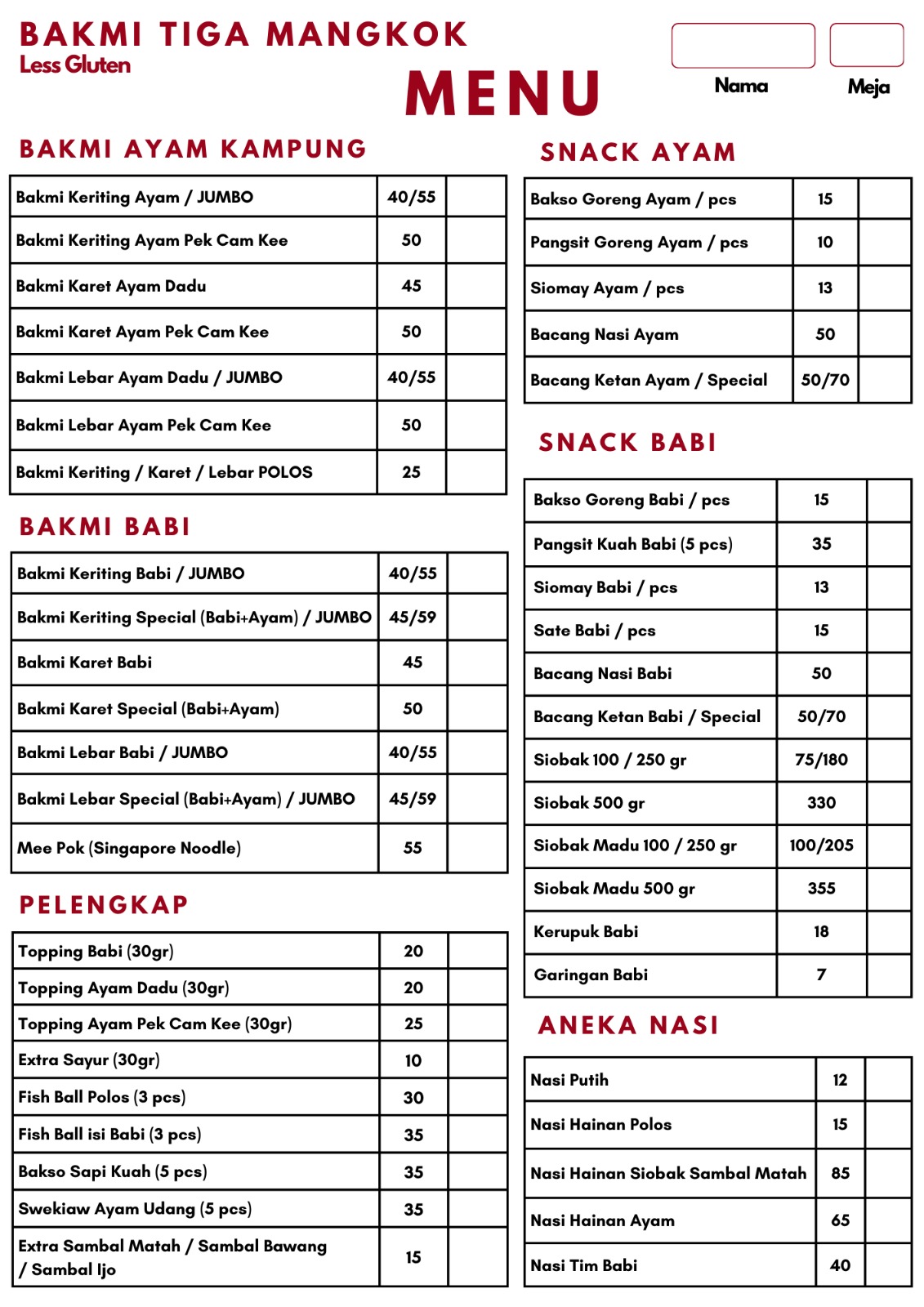 Menu Bakmi Tiga Mangkok — bakmi ayam, siomay, bakso goreng, nasi, snack